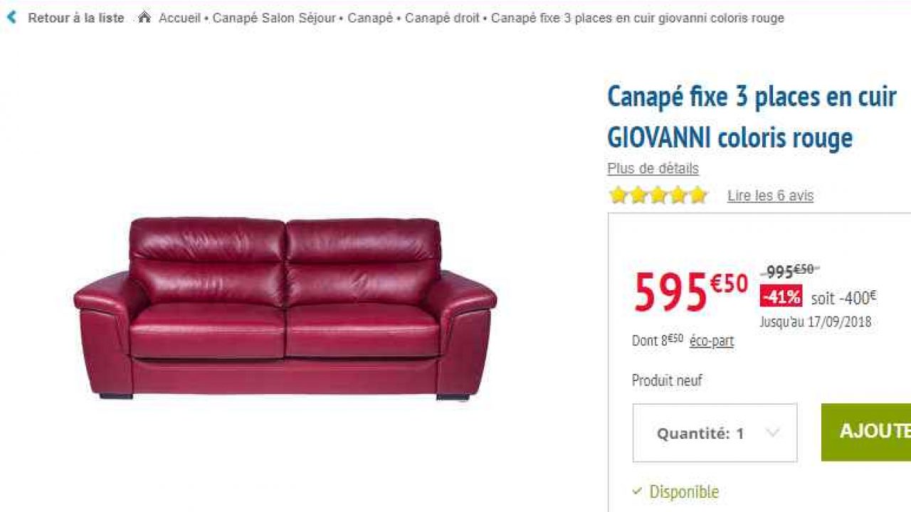 Canapé fixe 3 places en cuir GIOVANNI coloris rouge - Conforama